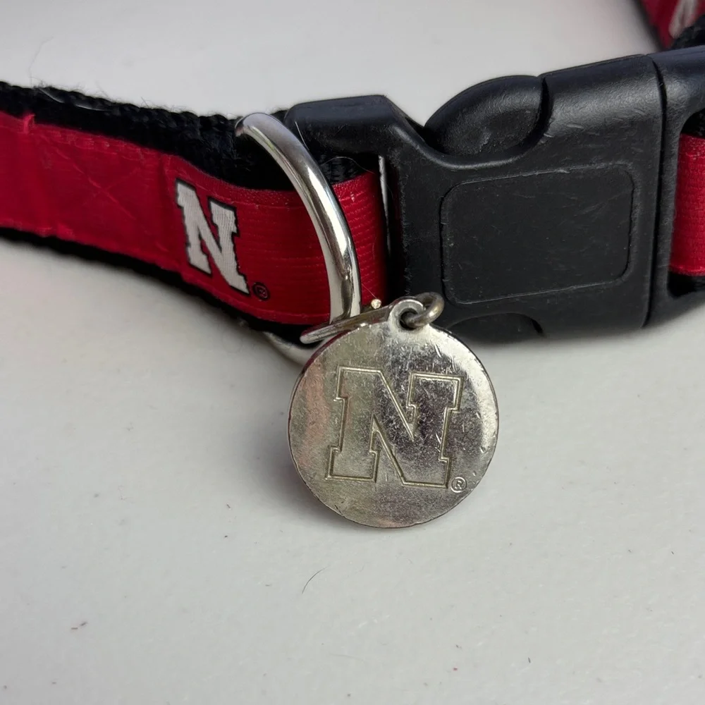 Nebraska Go Big Red Dog Collar with Nebraska N Football Logo Charm